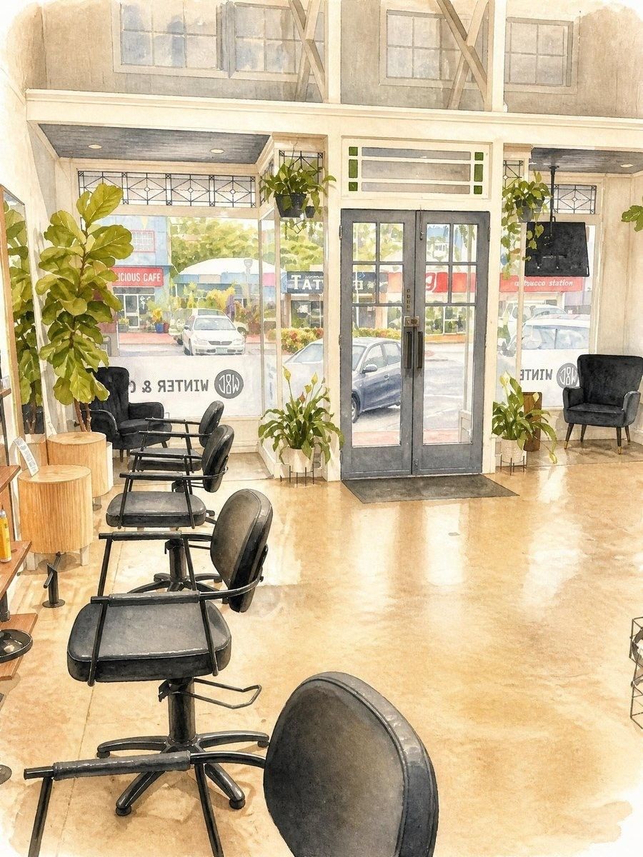 Inside Winter & Co., with plants and big bay windows